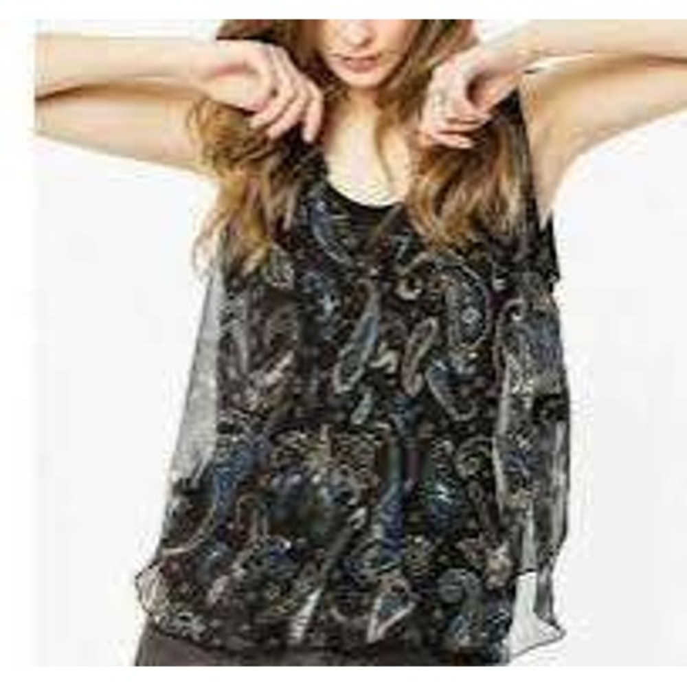 Zadig & Voltaire Thym Paisley boho beaded artisan‎ V-Neck Top Black Blue XS